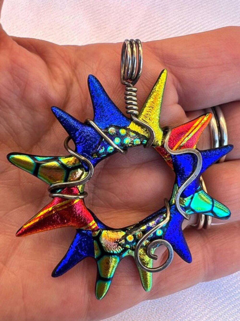 Artisan Made Art Glass Sterling Wire Wrap Starburst Pendant Heidi White Designs - Picture 7 of 8